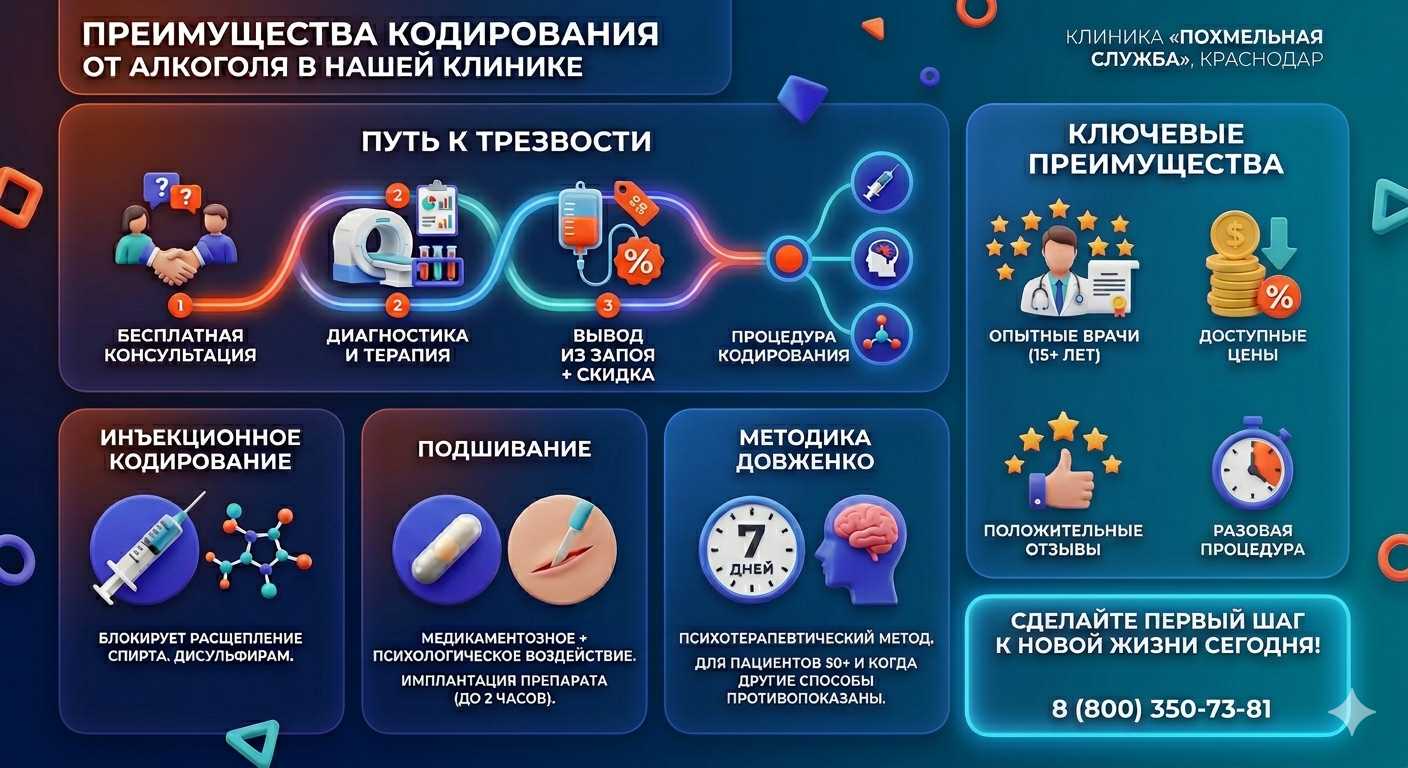 Инфографика о методах кодирования от алкоголя в Байкальске: инъекции, подшивание, метод Довженко. Преимущества клиники и этапы лечения.