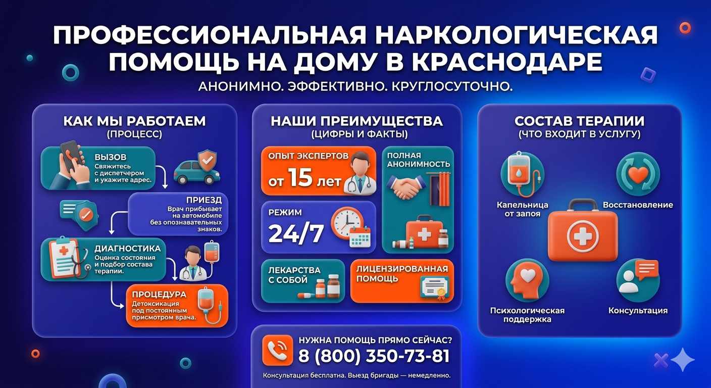 Инфографика о принципах лечения алкоголизма на дому в Байкальске: этапы вызова нарколога, преимущества анонимной детоксикации и состав медицинской помощи.